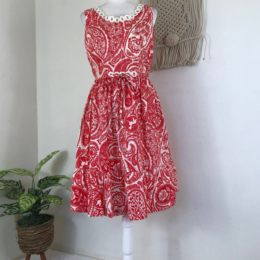 50s 60s novelty batik print cotton red white sundress 6 8 S M